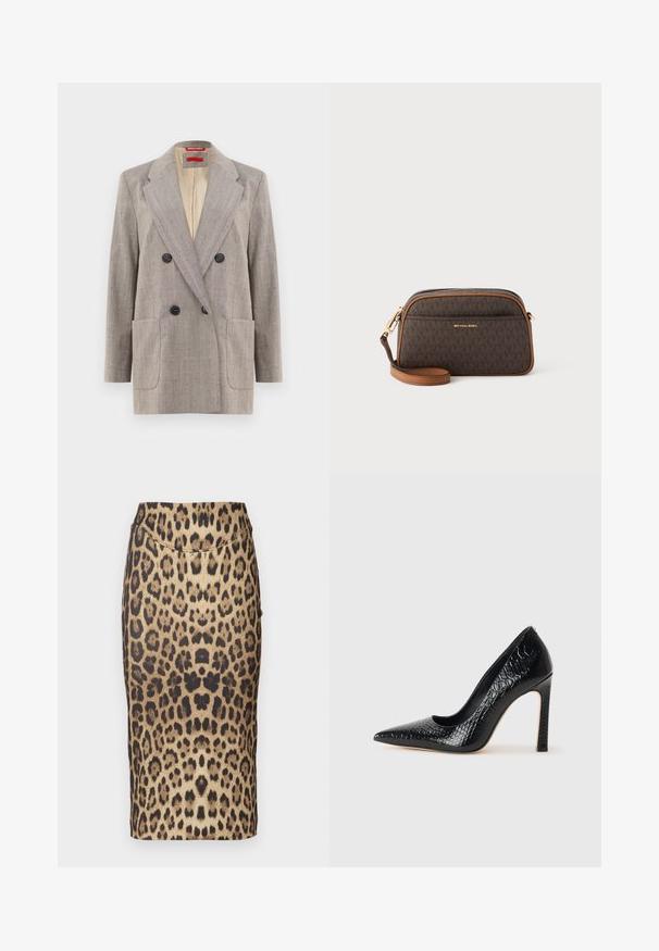 Blazer de dois botões em cinza claro com tecido texturizado, lapelas notched, dois bolsos frontais e botões pretos. Interior forrado em bege.; Camisola preta de alças finas em tecido canelado, com corte reto e uma etiqueta no decote que diz "IVY OAK."; Saia lápis com estampa de leopardo, apresentando um design justo, cintura média e textura suave. O padrão consiste em manchas marrons e pretas variadas.; Sapato de salto alto de bico fino preto com textura de pele de crocodilo, apresentando um design elegante, salto agulha alto e interior preto suave.; Bolsa de ombro castanha com padrão de monograma, detalhes em bege, ferragens douradas, fecho em zipper e uma alça de couro ajustável.