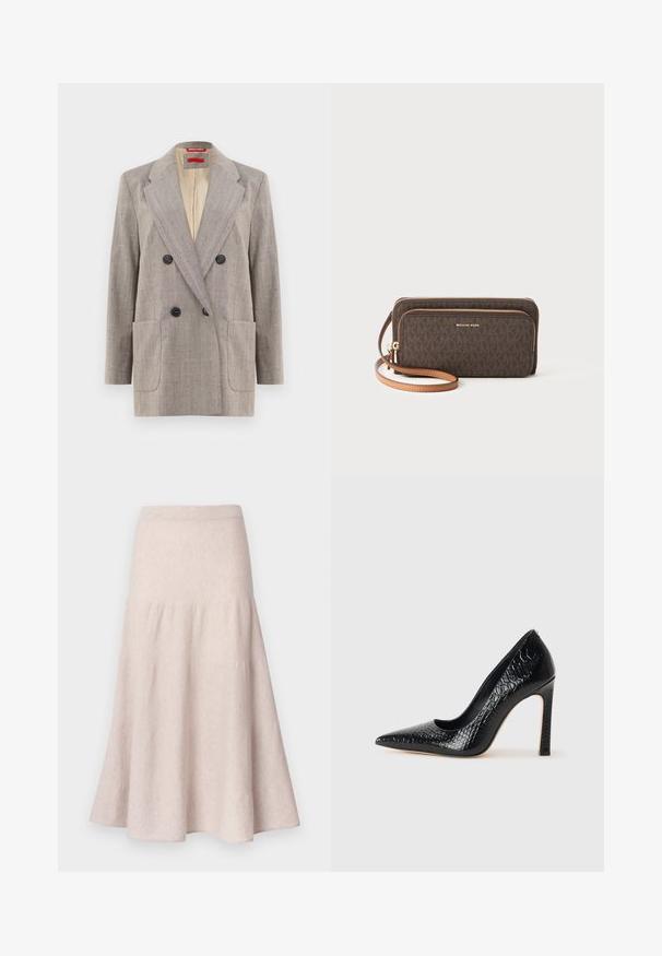 Švarkas su dvigubu užsegimu šviesiai pilkos spalvos su tekstūruotu audiniu, su įplore lapais, dviem priekinėm kišenėm ir juodais mygtukais. Vidus išklotas smėlio spalvos.; Juodas topas su plonais spaghetti petnešomis, pagamintas iš rausvos medžiagos, turintis tiesų kirpimą ir etiketę prie iškirpės, ant kurios parašyta "IVY OAK."; Šviesiai smėlio spalvos platėjanti sijonas iš minkštos medžiagos, pasižymi aukštu liemeniu ir gathered dizainu su laisvai krentančia siluetu.; Juoda smailiakulnė aukšto kulno bateliai su krokodilo odos tekstūra, pasižymintys elegantišku dizainu, aukštu stiletu kulnu ir lygia juoda vidine dalimi.; Rudas raštuotas piniginė su užtrauktuku, auksinės spalvos detalėmis ir nuimamu smėlio spalvos dirželiu. Priekyje yra "MICHAEL KORS" logotipas.