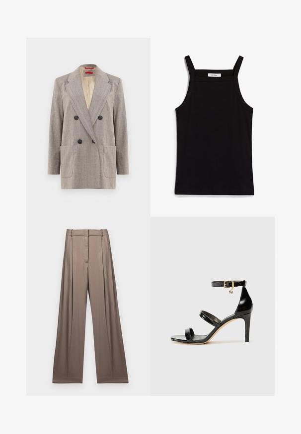 Sacou dublu în gri deschis, cu țesătură texturată, rever înclinat, două buzunare frontale și nasturi negri. Interior căptușit în bej.; Top negru fără mâneci, cu bretele subțiri, fabricat dintr-un material ribat, având o tăietură dreaptă și o etichetă la gât cu textul "IVY OAK."; Pantaloni cu picioare largi într-o nuanță de taupe moale, realizați dintr-un material neted cu un finisaj satinat. Au o talie croită și pliseuri subtile.; Sandale negre din piele lacuită, cu trei curele, cataramă la glezna și toc stiletto de 10 cm. Prezintă detalii din metal auriu și un charm cu logo.