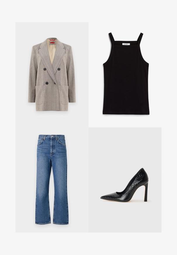 Heled kohalike õmblustega hall kahe nööbiga bleiser, millel on tekstureeritud kude, lõigatud krae, kaks esist pocketit ja mustad nupud. Sisevooder on beež.; Must must vest, mille õhukeste spagettiratastega, ribakanga materjalist, sirge lõikega ja kaela piirkonnas sildi "IVY OAK".; Kõrge vöökohaga sinised denim püksid sirge säärega disainiga, viie tasku ja peene tuhmumisega. Klassikaline nööbiklõps ja õmblusaktsendid.; Mustan teravaotsaga kõrge kontsaga king, millel on krokodillimustriga tekstuur, stiilne disain, kõrge stilettokonts ja sile must sisesisustus.