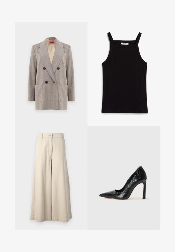 Double-breasted blazer in light gray with textured fabric, notched lapels, two front pockets, and black buttons. Interior lined in beige.; Black tank top with thin spaghetti straps, made of a ribbed fabric, featuring a straight cut and a label at the neckline reading "IVY OAK."; Beige wide-leg pants with a button closure and front pockets. Made from soft cotton, featuring a tailored waist and clean finishing details.; Black pointed-toe high heel shoe with a crocodile-skin texture, featuring a sleek design, high stiletto heel, and smooth black interior.