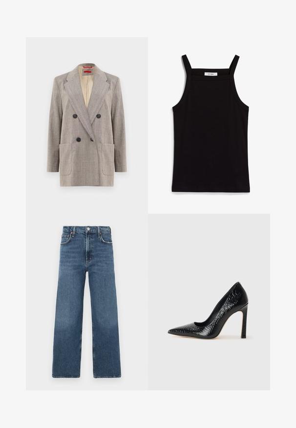 Švarkas su dvigubu užsegimu šviesiai pilkos spalvos su tekstūruotu audiniu, su įplore lapais, dviem priekinėm kišenėm ir juodais mygtukais. Vidus išklotas smėlio spalvos.; Juodas topas su plonais spaghetti petnešomis, pagamintas iš rausvos medžiagos, turintis tiesų kirpimą ir etiketę prie iškirpės, ant kurios parašyta "IVY OAK."; Aukštu liemeniu plačios kojos džinsai vidutinio mėlynumo denimine medžiaga, pasižymintys klasikiniais mygtukų užsegimais, penkiais kišenėmis ir sklandžiu, tekstūriniu paviršiumi.; Juoda smailiakulnė aukšto kulno bateliai su krokodilo odos tekstūra, pasižymintys elegantišku dizainu, aukštu stiletu kulnu ir lygia juoda vidine dalimi.