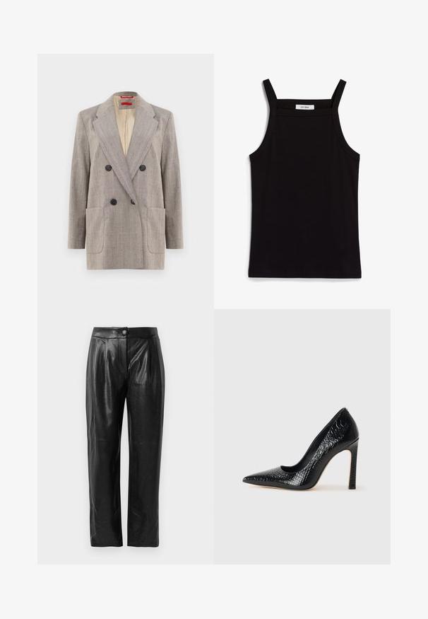 Sacou dublu în gri deschis, cu țesătură texturată, rever înclinat, două buzunare frontale și nasturi negri. Interior căptușit în bej.; Top negru fără mâneci, cu bretele subțiri, fabricat dintr-un material ribat, având o tăietură dreaptă și o etichetă la gât cu textul "IVY OAK."; Pantaloni din piele ecologică negri, cu o suprafață texturată, croială largă, pliuri frontale și închidere cu un singur buton la talie.; Pantofii cu toc înalt, ascuțiți, de culoare neagră, cu textură de piele de crocodil, având un design elegant, toc în stil stiletto și interior neted de culoare neagră.