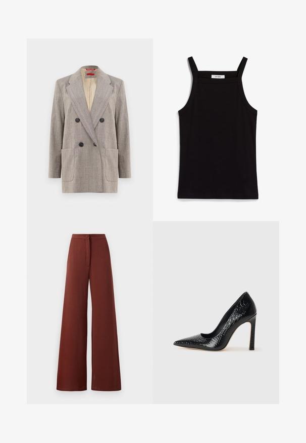 Blazer croisé en gris clair avec un tissu texturé, revers crantés, deux poches avant et boutons noirs. Doublure intérieure en beige.; Débardeur noir à fines bretelles, en tissu côtelé, avec une coupe droite et une étiquette au niveau du col indiquant "IVY OAK."; Pantalons à jambes larges en tissu rouge foncé, présentant une fermeture à boutons et un détail de nœud à l'avant. Texture lisse avec une silhouette fluide.; Escarpin noir à bout pointu avec texture en cuir de crocodile, présentant un design élégant, un haut talon aiguille et un intérieur noir lisse.