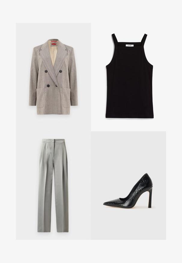 Heled kohalike õmblustega hall kahe nööbiga bleiser, millel on tekstureeritud kude, lõigatud krae, kaks esist pocketit ja mustad nupud. Sisevooder on beež.; Must must vest, mille õhukeste spagettiratastega, ribakanga materjalist, sirge lõikega ja kaela piirkonnas sildi "IVY OAK".; Heledad hallid püksid, millel on sile tekstuur, esiosal voltid, laia säärekujundusega ja sobiv talje.; Mustan teravaotsaga kõrge kontsaga king, millel on krokodillimustriga tekstuur, stiilne disain, kõrge stilettokonts ja sile must sisesisustus.