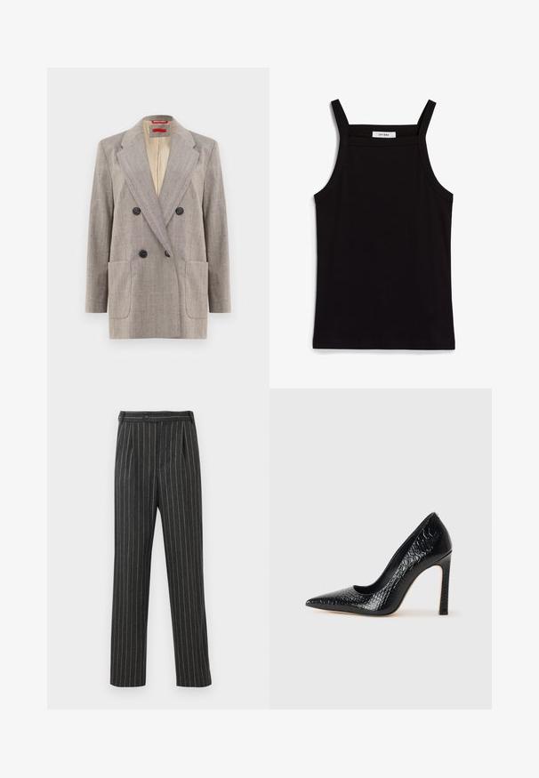 Divkāršu blazeri gaiši pelēkā krāsā ar teksturētu audumu, ar grieztiem apkaklēm, divām priekšējām kabatām un melniem pogām. Iekšpuse izklāta ar bežā krāsā.; Melna tops ar plānām spaghetti siksniņām, izgatavots no ribota auduma, ar taisnu griezumu un uzrakstu uz kakla izgriezuma "IVY OAK."; Pelēkas svārku bikses ar svītrām, izgatavotas no auduma. Tām ir augsta jostasvieta, priekšējas krokas un taisna kāja. Standarta pogu aizdare.; Melni augstpapēžu apavi ar norādītu purngalu, ar krokodila ādas tekstūru, izceļoties ar elegantu dizainu, augstu stiletto papēdi un gludu melnu interjeru.