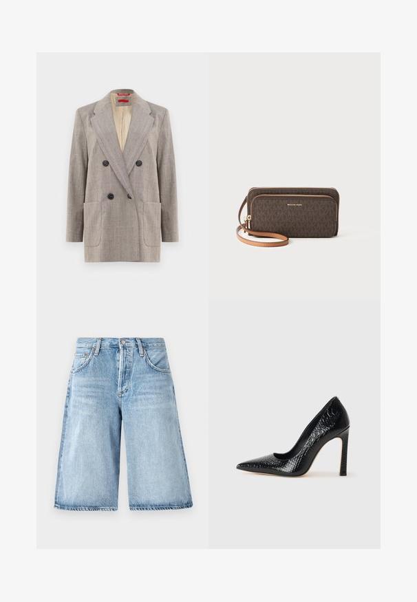 Világosszürke, dupla soros blézer textúrált anyagból, kihajtott gallérral, két elülső zsebbel és fekete gombokkal. Belső része bézs színű bélésű.; Fekete ujjatlan felső, vékony spagetti pántokkal, bordás anyagból készült, egyenes vonalú fazonnal, a nyakrészen "IVY OAK" felirattal.; Világoskék, laza szabású farmer rövidnadrág, magasderékkal, öt zsebes kialakítással és finom elhalványulással az anyagon.; Fekete hegyes orrú magassarkú cipő krokodilbőr textúrával, letisztult dizájnnal, magas tűsarkú és sima fekete belső résszel.; Barna mintás pénztárca cipzáras zárással, arany színű fém alkatrészekkel és leválasztható világosbarna pánttal. Az elején a "MICHAEL KORS" logó található.