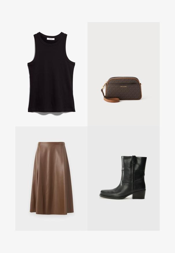 Dobbeltknappet blazer i lysegrå med tekstureret stof, vendte revers, to frontlommer og sorte knapper. Indersiden foret i beige.; Sort tanktop lavet af ribbet stof. Har en rundt halsudskæring og brede ærmegab. Lige søm med syede detaljer. Enkel design.; Brun læder A-line nederdel med en glat tekstur og en mellemlang kant. Har en tætsiddende talje og en let flair fra hoften.; Sort læder ankelstøvle med rundt tå, blokhæl, lynlås i siden og stikninger på vampsiden. Glat tekstur, klassisk design.; Brun crossbody taske med monogrammønster, tan detaljer, guldfarvet hardware, lynlåslukning og justerbar læderrem.