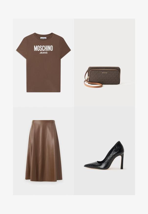 Divkāršu blazeri gaiši pelēkā krāsā ar teksturētu audumu, ar grieztiem apkaklēm, divām priekšējām kabatām un melniem pogām. Iekšpuse izklāta ar bežā krāsā.; Brūns kokvilnas T-krekls ar īsām piedurknēm. Uz priekšējās daļas ir balts "MOSCHINO JEANS" logo. Klasisks apaļais kakla izgriezums.; Brūna ādas A-veida svārki ar gludu tekstūru un vidēju garumu. Iezīmēts ar piegulstošu jostasvietu un nelielu izplešanos no gurniem.; Melni augstpapēžu apavi ar norādītu purngalu, ar krokodila ādas tekstūru, izceļoties ar elegantu dizainu, augstu stiletto papēdi un gludu melnu interjeru.; Brūns rakstains maku ar rāvējslēdzēju, zelta detaļām un noņemamu gaiši brūnu siksniņu. Priekšpusē ir "MICHAEL KORS" logo.