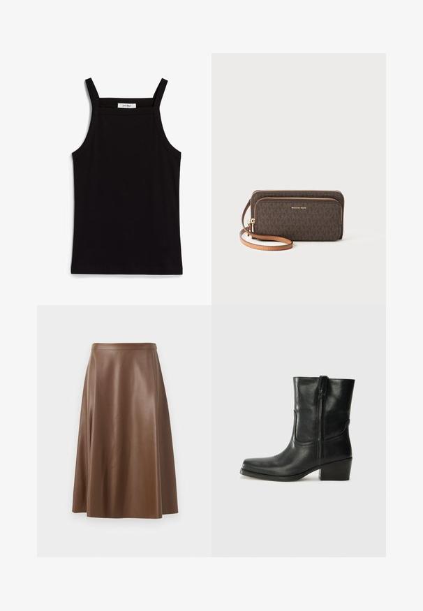 Double-breasted blazer in light gray with textured fabric, notched lapels, two front pockets, and black buttons. Interior lined in beige.; Black tank top with thin spaghetti straps, made of a ribbed fabric, featuring a straight cut and a label at the neckline reading "IVY OAK."; Brown leather A-line skirt with a smooth texture and a mid-length hem. Features a fitted waistband and a slight flare from the hips.; Black leather ankle boot with a rounded toe, block heel, side zipper, and stitching accents on the vamp. Smooth texture, classic design.; Brown patterned wallet with a zip closure, gold hardware, and a detachable tan strap. Features the "MICHAEL KORS" logo on the front.