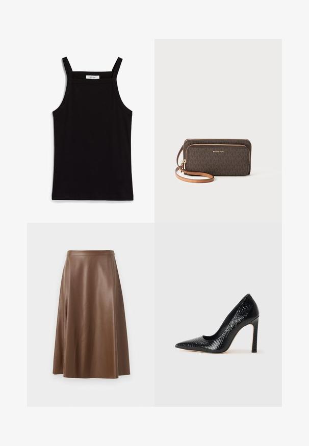 Divkāršu blazeri gaiši pelēkā krāsā ar teksturētu audumu, ar grieztiem apkaklēm, divām priekšējām kabatām un melniem pogām. Iekšpuse izklāta ar bežā krāsā.; Melna tops ar plānām spaghetti siksniņām, izgatavots no ribota auduma, ar taisnu griezumu un uzrakstu uz kakla izgriezuma "IVY OAK."; Brūna ādas A-veida svārki ar gludu tekstūru un vidēju garumu. Iezīmēts ar piegulstošu jostasvietu un nelielu izplešanos no gurniem.; Melni augstpapēžu apavi ar norādītu purngalu, ar krokodila ādas tekstūru, izceļoties ar elegantu dizainu, augstu stiletto papēdi un gludu melnu interjeru.; Brūns rakstains maku ar rāvējslēdzēju, zelta detaļām un noņemamu gaiši brūnu siksniņu. Priekšpusē ir "MICHAEL KORS" logo.