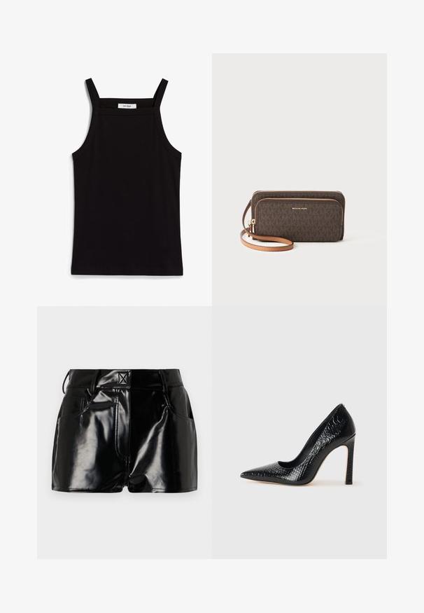 Double-breasted blazer in light gray with textured fabric, notched lapels, two front pockets, and black buttons. Interior lined in beige.; Black tank top with thin spaghetti straps, made of a ribbed fabric, featuring a straight cut and a label at the neckline reading "IVY OAK."; Black, glossy shorts made of synthetic material. Features a fitted waist, belt loops, and front pockets with prominent stitching details.; Black pointed-toe high heel shoe with a crocodile-skin texture, featuring a sleek design, high stiletto heel, and smooth black interior.; Brown patterned wallet with a zip closure, gold hardware, and a detachable tan strap. Features the "MICHAEL KORS" logo on the front.