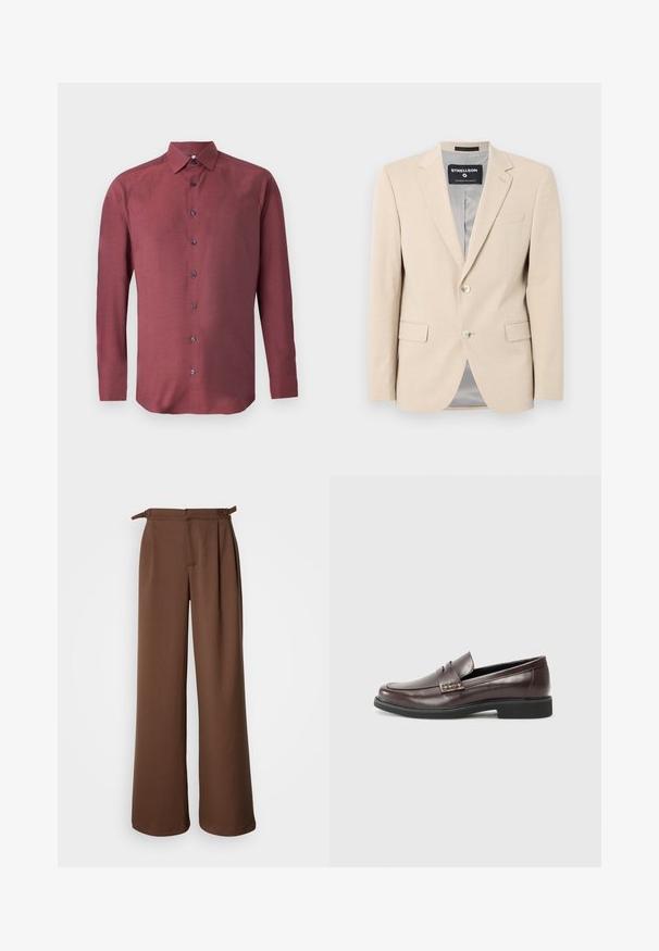 Beige blazer med myk stoff, to frontlommer, notklapper, enkel knappelukking, og en jevn grå fôr.; Langermet, knappet skjorte i burgunderstoff med et teksturert mønster og mørkeblå knapper; har en spiss krage og rett nederkant.; Bredde bukser i brunt, laget av myk stoff. Har høy midje med folder og sidesnorer, som gir en avslappet passform og jevn tekstur.; Brune lærloafers med en glat finish, der har en subtil syet detalje på overdelen og en sort gummisål.