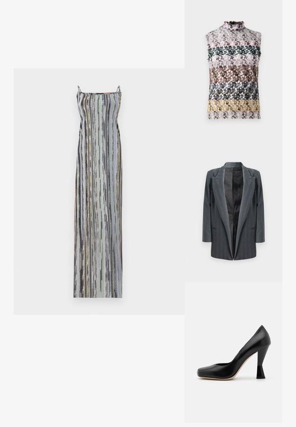 Takkihousu tummanharmaana, jossa on herringbone-kuvio, varustettuna lovitetulla kauluksella, avoimella edessä ja pitkillä hihoilla. Sujuva sisävuori.; Pitkä, vartalonmyötäinen mekko, jossa on hienoja pystysuoria raitoja eri väreissä. Materiaali näyttää kiiltävältä, ja mekossa on ohuet spagettiolkaimet sekä suora pääntie.; Hihaton toppi, jossa on korkea frillikaulus, joka esittelee vaakasuoria raitoja moni värisestä kukkakankaasta, väreinä vaaleanpunainen, vihreä, ruskea ja keltainen.; Mustat nahkasaappaat, joissa on korkea korko, neliön muotoinen kärki ja ainutlaatuisesti muotoiltu kiiltävä musta korko. Sujuva pinta ja yksinkertainen muotoilu.