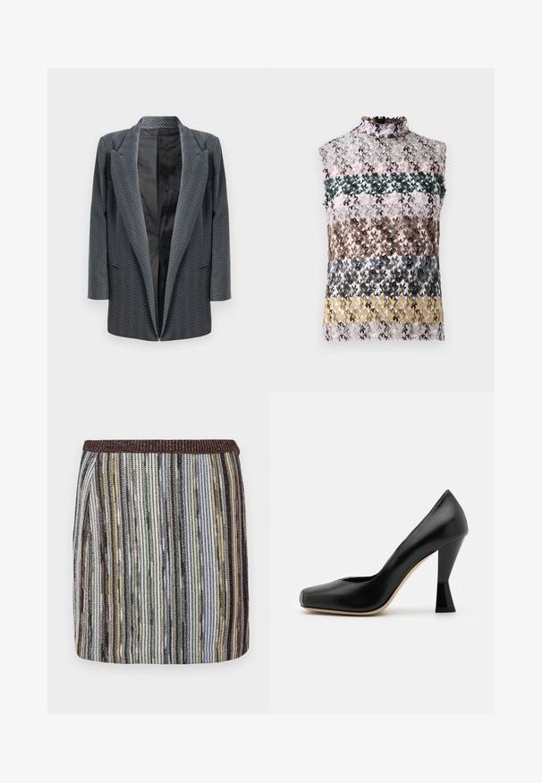 Blazer i mørke grå med et sildebensmønster, med et klippet krave, åben front og lange ærmer. Glat indvendig foring.; Ærmeløs top med en høj flæsekrave, der har vandrette striber af flerfarvet blomsterknipling i pink, grøn, brun og gul.; Kort, tætsiddende nederdel med flerfarvede lodrette striber i nuancer af grøn, sort og brun, med en struktureret elastisk talje.; Sort læder højhælede sko med firkantet tå og en unikt formet, blank sort hæl. Glat tekstur og enkelt design.