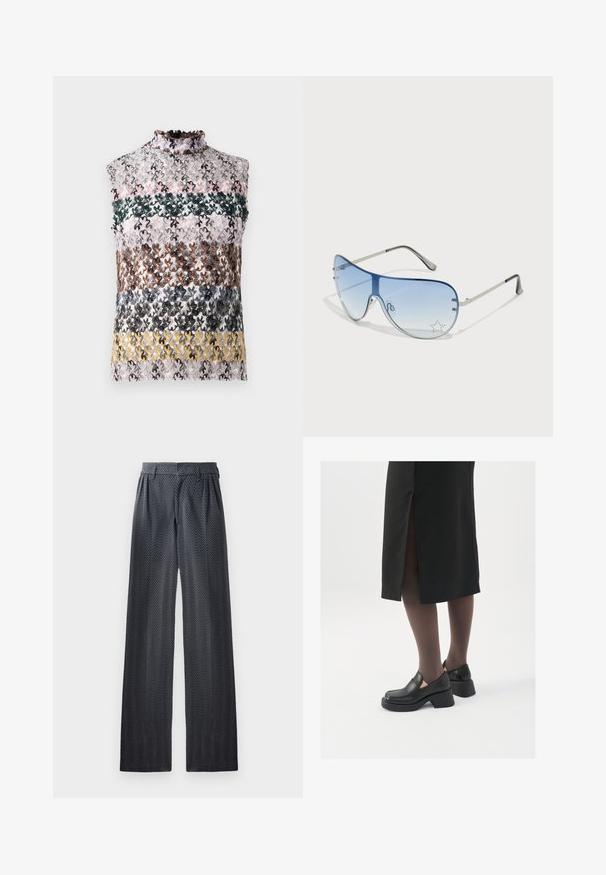 Blazer grigio scuro con motivo a spina di pesce, dotato di colletto a revers, apertura frontale e maniche lunghe. Fodera interna liscia.; Top senza maniche con un alto colletto arricciato, caratterizzato da strisce orizzontali di pizzo floreale multicolore nei colori rosa, verde, marrone e giallo.; Pantaloni a gamba larga in tessuto grigio scuro con motivo a spina di pesce, fascia elastica in vita e texture liscia, progettati per comfort e versatilità.; Scarpe in pelle nera con punta arrotondata, tacco spesso a blocco e accenti laterali in elastico, abbinate a collant scuri e una gonna nera con uno spacco.; Occhiali da sole aviator con lenti blu sfumate, montatura in metallo argentato e decorazioni a forma di stella sulle lenti. Design liscio e sofisticato.