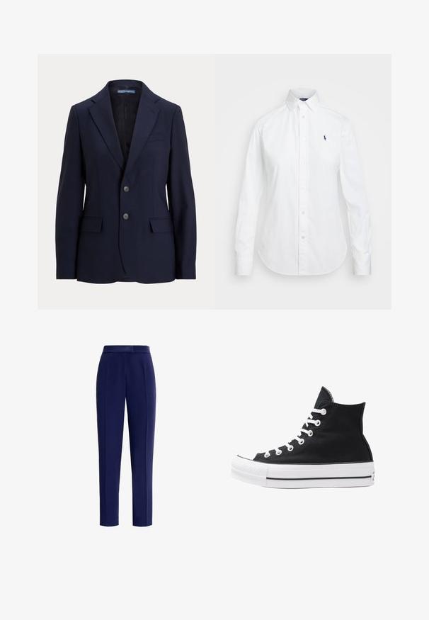 Marineblå skræddersyet blazer lavet af glat stof, med en spidse krave, to frontlommer og lukning med to knapper foran.; Hvid skjorte med knapper, spids krave, lange ærmer og et lille blåt logo på venstre bryst. Fremstillet af bomuldsstof.; Marineblå bukser lavet af et glat stof med en skræddersyet pasform, fyldte folder foran og en mellemhøj talje.; Højtop sort lærredssko med hvide øjetter, snørebånd og gummisål. Har en tekstureret tåhætte og sorte og hvide stribe-accenter.