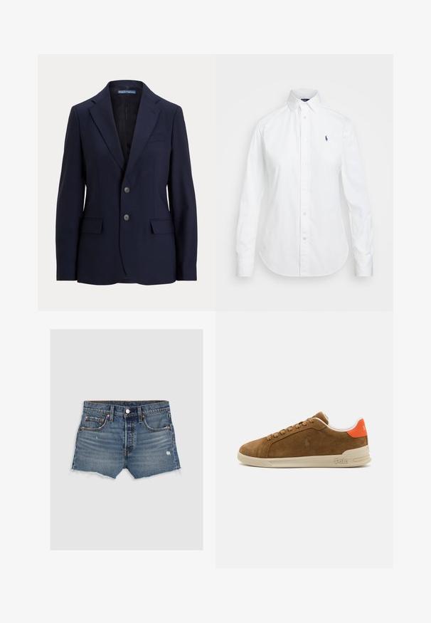 Blazer ajustado azul marinho feito de tecido suave, apresentando um colarinho com corte em notch, dois bolsos frontais e fechamento frontal com dois botões.; Camisa branca de botão com colarinho pontiagudo, mangas longas e um pequeno logótipo azul no lado esquerdo do peito. Confeccionada em tecido de algodão.; Calções de ganga em azul desbotado. Apresentam quatro bolsos, bainha desfiada e rebites de cobre. Textura suave com detalhes ligeiramente desgastados.; Sapatilha de camurça castanha com uma sola de borracha creme, apresentando detalhes laranja no calcanhar e um pequeno logótipo na lateral.