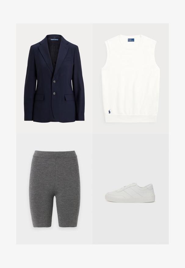 Sötétkék, szabott zakó sima anyagból, melynek állása egy bemetszett gallér, két elülső zseb és két gombos elülső zárás.; Fehér ujjatlan pulóver sima pamutból, bordás szegéllyel és kis sötétkék logóval a bal alsó részen. Egyszerű dizájn, minta nélkül.; Szürke kötött kerékpáros sort, testre simuló kialakítással és sima felülettel, magas derékkal és combközép hosszúsággal.; Fehér bőr sportcipő lapos fűzőkkel, kerek orral és finom varrási részletekkel. Bordázott talppal és dombornyomott márkainszigniával a sarokon.