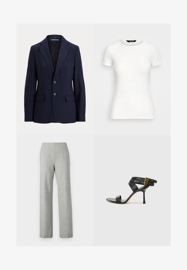 Tumedat sinise värvusega sätitud bleiser, mis on valmistatud siledast kangast, millel on lõigatud krae, kaks esist pocketit ja kahe nööbiga esiklapp.; Valge puuvillane T-särk lühikeste varrukatega, ümar kaelus, sobiv disain ja sile tekstuur. Logo silt kaeluses.; Hallitatud hallid püksid sirge lõikega, valmistatud tekstureeritud kangast. Ombes pehme vööosa ja puhas, minimalistlik viimistlus.; Mustad mustand koos ristatud rihmade ja reguleeritava pandlaga. Omab siledat tekstuuri ja kitsenevat stiletto kontsa.