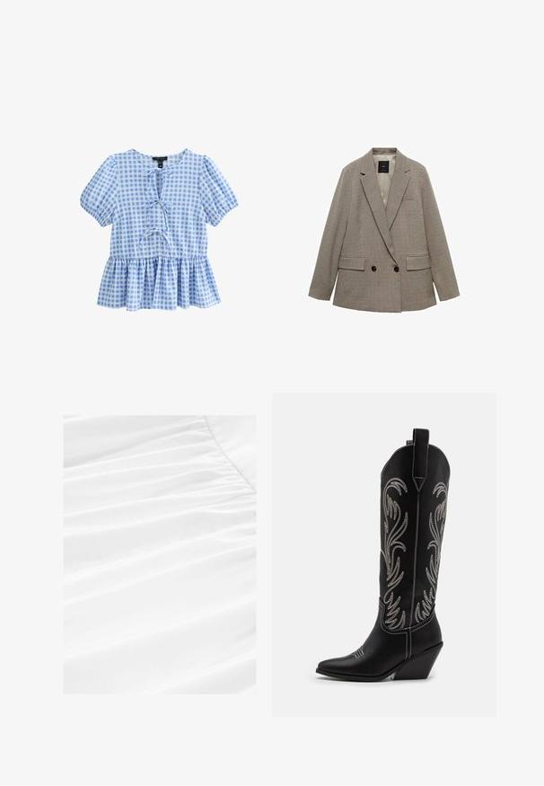 Trellis-colbert met dubbele rij knopen in een geruit patroon, met een lichtbruin en donkerbruin kleurenpalet, voorzien van twee voorzakken en knoopaccenten.; Blouse in blauw en wit geruit met korte pofmouwen, een ronde halslijn en een peplumzoom met een vetersluiting aan de voorkant.; Witte stof met zachte draping en geplooide textuur, met een glad materiaal dat lichtgewicht is en een schone, frisse uitstraling heeft.; Zwarte leren cowboylaarzen met spitse neuzen, wiggenhakken en zilver geborduurde bloemmotieven langs de schacht. Contrasterende stiksels overal.