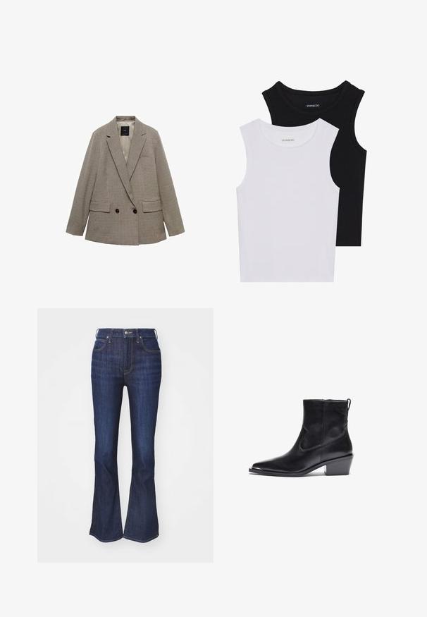 Kaksirivinen bleiseri ruudullisessa kuosissa, jossa on vaalea tan ja tumma ruskea värimaailma, kahdella etutaskulla ja nappikoristeilla.; Kaksi hihattomaa toppia mustana ja valkoisena, valmistettu ribbikankaasta, jossa on pyöreät kaula-aukot ja tiukka muotoilu. Tunnisteet näkyvät molemmissa.; Tumman denimin farkut, joissa on leveä lahjetyyli, edessä nappi ja vetoketju, sekä viiden taskun malli, jossa on kontrastiväriset ompeleet.; Musta nahkasaapas nilkkamittaisella varrella, teräväkärkinen ja matalalla lohkoheelillä. Varustettu sivuvetoketjulla ja minimaalisten ommelyksillä tyylikkään muotoilun saavuttamiseksi.