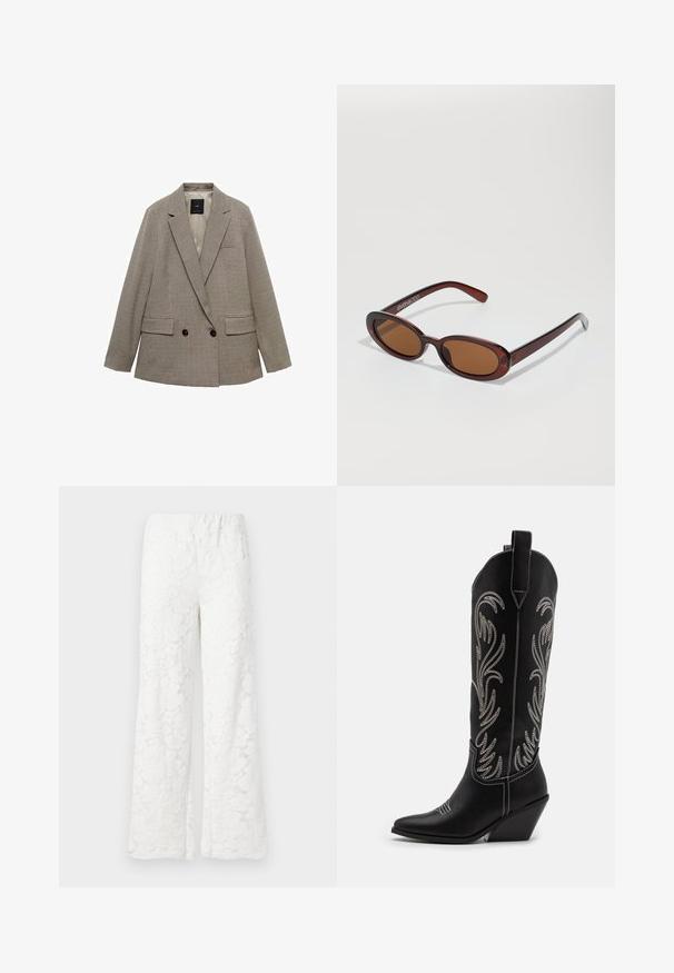 Doppeltknopf Blazer im karierten Muster, mit einer hellbraunen und dunkelbraunen Farbgebung, zwei vorderen Taschen und Knopfakzenten.; Langärmliges Oberteil aus cremefarbener Stoff, mit leichter Raffung an den Seiten und klassischem Kragen. Sanfte Textur, schlichtes Design.; Weiße Blumenspitze weite Hose mit elastischem Bund, ausgestattet mit einem strukturierten Stoff und einem zarten Blumenmuster.; Schwarze Leder-Cowboy-Stiefel mit spitzen Zehen, Keilabsätzen und silbernen, gestickten Blumenmustern entlang des Schafts. Kontrastnähte über das gesamte Design.; Runde, braun getönte Sonnenbrillen mit einem glänzenden burgunderfarbenen Rahmen. Schlanke Bügel mit dezentem Branding. Flaches Linsendesign.