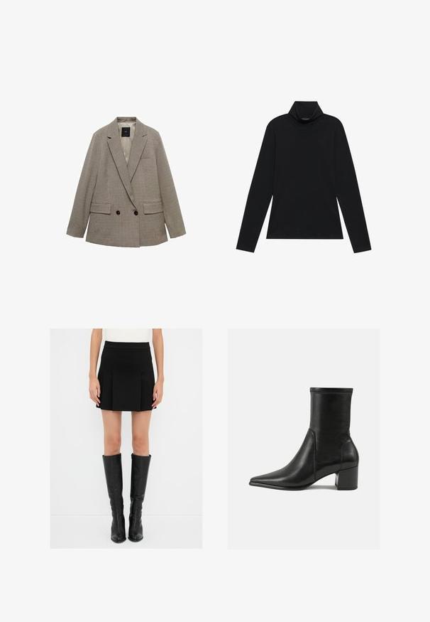 Blazer croisé à motif écossais, présentant une palette de couleurs beige clair et marron foncé, doté de deux poches avant et de détails avec des boutons.; Turtleneck à manches longues noir. Tissu doux, design près du corps, col montant et coutures latérales. Style simple et polyvalent, idéal pour le superposition.; Jupe mini plissée noire avec une taille ajustée, associée à des bottes en cuir noires montantes dotées de fermetures éclair et d'embouts pointus.; Bottine noire en cuir lisse, avec un bout pointu, un talon carré et des coutures surélevées distinctes au bord supérieur.