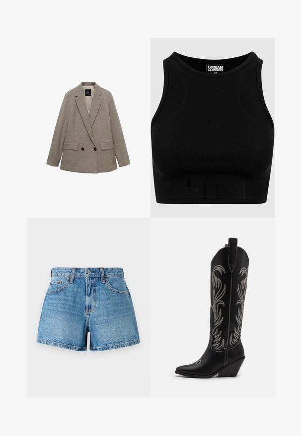 Dvojvrstvni sako v karirastem vzorcu, s svetlo rjavim in temno rjavim barvnim odtenkom, z dvema sprednjima žepoma in gumbnimi detajli.; Črni rebrasti kratki top z okroglim izrezom in brezrokavnim dizajnom. Narejen iz raztegljive, teksturirane tkanine. Etiketa nosi napis "Urban Classics."; Denim kratke hlače v svetlo modri pranju, z visokim pasom, tradicionalnim petim žepom in kontrastnim šivanjem za podrobno teksturo.; Črne usnjene kavbojske čevlje s koničastimi prsti, klinastimi petami in srebrnimi vezeninami cvetnega vzorca po vsej dolžini. Kontrastno šivanje povsod.