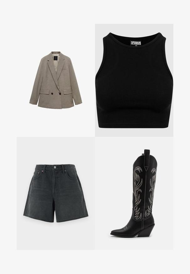 Blazer doppiopetto con motivo a scacchi, caratterizzato da una combinazione di colori beige chiaro e marrone scuro, con due tasche frontali e abbellimenti con bottoni.; Top corto nero a coste con scollo rotondo e design senza maniche. Realizzato in un tessuto elastico e testurizzato. Etichetta con la scritta "Urban Classics."; Shorts in denim grigio scuro, con vita alta, design classico a cinque tasche e una linea dritta pulita con una texture leggermente sbiadita.; Stivali da cowboy in pelle nera con punte affusolate, tacchi a zoccolo e motivi floreali ricamati in argento lungo il gambale. Cuciture a contrasto in tutto lo stivale.