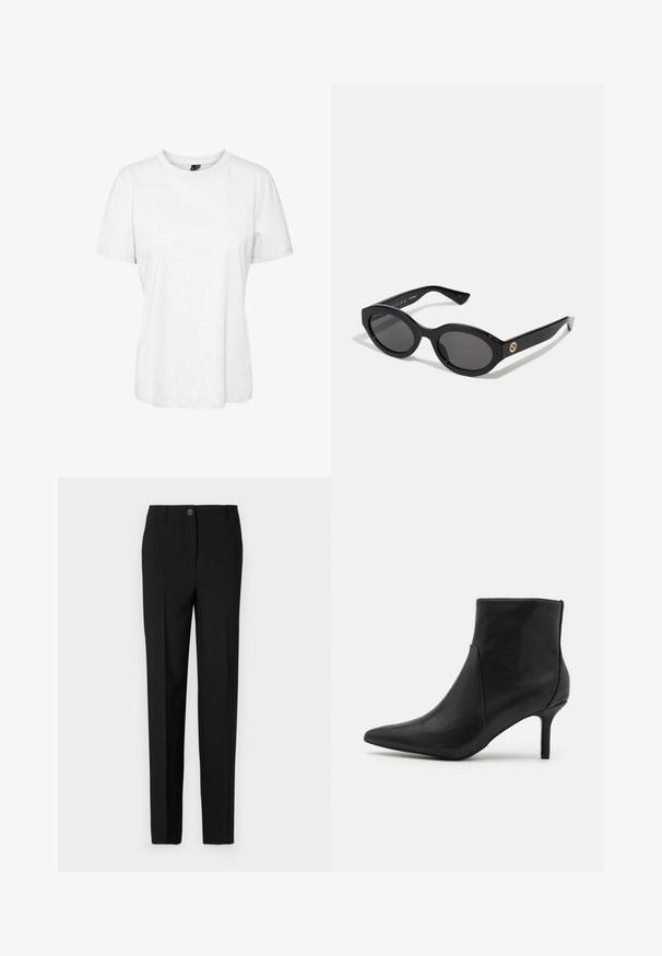 Dvojící sako v kostkovaném vzoru, s barevnou kombinací světle hnědé a tmavě hnědé, obsahující dvě přední kapsy a tlačítkové detaily.; Bílý krátký rukáv tričko vyrobené z bavlny s kulatým výstřihem a volným střih. Hladká textura a žádné viditelné vzory nebo ozdoby.; Černé přizpůsobené kalhoty se střihovým designem s rovnými nohavicemi, s knoflíkovým zapínáním a poutky na opasek, vyrobené z hladké látky.; Anna Field Kotníková obuv - black; Černé oválné sluneční brýle s tmavými skly a lesklým plastovým rámem. Obsahují zlaté logo na straně, které poskytuje elegantní a moderní design.