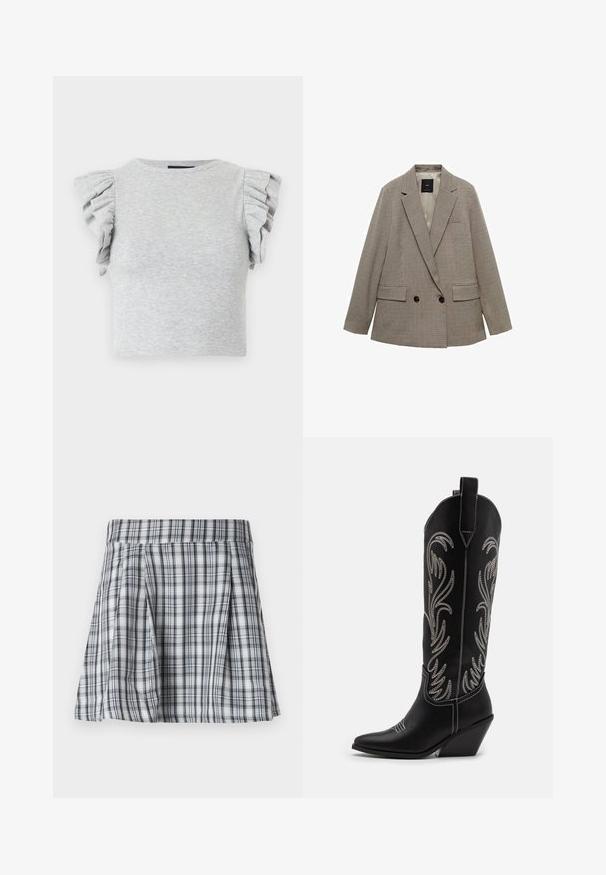 Dvojradový blejzer v károvanom vzore, s kombináciou svetlej pieskovej a tmavo hnedé farby, obsahujúci dve predné vrecká a gombíkové doplnky.; Sivý rebrovaný pletený crop top s krátkymi volánovými rukávmi a okrúhlym výstrihom. Hladká textúra, priliehavý strih a žiadne viditeľné grafiky alebo vzory.; Sukňa v mini dĺžke v šedej a bielej farbe s kockovaným vzorom, ktorá má skladanú časť a pás. Vyrobená z ľahkej tkaniny, s vertikálnymi a horizontálnymi pruhmi.; Čierne kožené kovbojské čižmy s špicatými prstami, klinovými podpätkami a striebornými vyšívanými kvetinovými vzormi po celej dĺžke. Kontrastné šitie po celom povrchu.