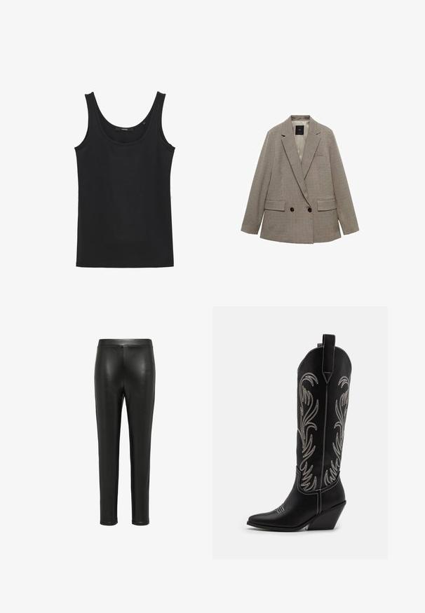 Trellis-colbert met dubbele rij knopen in een geruit patroon, met een lichtbruin en donkerbruin kleurenpalet, voorzien van twee voorzakken en knoopaccenten.; Zwarte mouwloze tanktop van zachte stof, met een ronde halslijn en een rechte zoom, zonder extra patronen of versieringen.; Zwarte leren leggings met een nauwsluitend ontwerp, een gladde textuur en een hoge taille. De benen lopen taps toe naar de enkel, zonder zichtbare hardware.; Zwarte leren cowboylaarzen met spitse neuzen, wiggenhakken en zilver geborduurde bloemmotieven langs de schacht. Contrasterende stiksels overal.