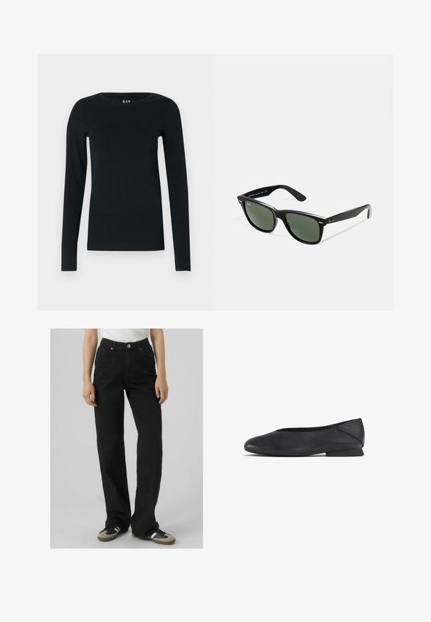 Doppeltknopf Blazer im karierten Muster, mit einer hellbraunen und dunkelbraunen Farbgebung, zwei vorderen Taschen und Knopfakzenten.; Schwarzes Langarmoberteil aus weichem Stoff, mit rundem Halsausschnitt und tailliertem Design, ohne sichtbare Muster oder Hardwaredetails.; Schwarze, hochgeschnittene Jeans mit geradem Bein, aus Denim gefertigt, mit zwei vorderen Taschen und Messingdetails.; Schwarze Lederflats mit runder Zehenpartie und niedrigem Absatz, geeignet für Freizeit- oder formelle Anlässe.; Schwarze Plastiksonnenbrille mit grünen Gläsern, quadratischen Rahmen, silbernem Akzent auf der Augenbraue und strukturierten Bügeln. Angegebene Marke auf dem inneren Bügel.; Schwarze geflochtene Ledertasche mit einer geschwungenen Form, ausgestattet mit einem dicken Griff und einem Reißverschlussverschluss. Texturierte Oberfläche mit glänzender Optik.