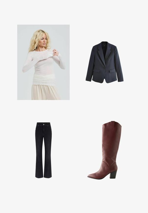 Blazer bleumarin cu un design ajustat, cu închidere cu un singur buton, două buzunare frontale și rever cu tăietură. Material neted și siluetă structurată.; Top alb transparent cu mânecă lungă, cu un stil ajustat. Material ușor, cu o textură netedă. Modelul își ajustează mâneca, purtând pantaloni crem.; Jeans negre din denim, evazate, cu talie înaltă, design cu cinci buzunare și accente metalice pe laterale. Textură netedă și croială clasică.; Bot cu piele maro închis, înalt, cu vârf ascuțit și toc pătrat, având un tab pentru tragere în partea superioară din spate.