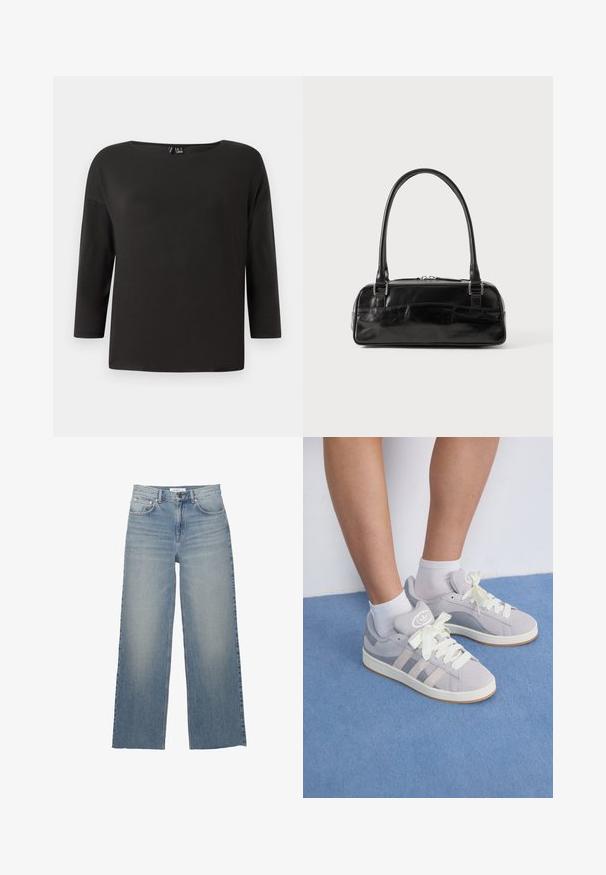 Marineblazer in taillierter Ausführung mit einer einzelnem Knopfverschluss, zwei Taschen vorne und eingeknickten Revers. Glatter Stoff und strukturierte Silhouette.; Schwarzes Langarmshirt mit weitem Rundhalsausschnitt und lockerer Passform; aus glattem, leichtem Stoff gefertigt, mit minimalen Details und ohne sichtbare Nähte.; Helle blaue weit geschnittene Jeans aus Denim mit hoher Taille, vorderen Taschen und einem Knopfverschluss. Glatte Textur mit ausgewaschenen Stellen.; Graue Wildleder-Sneaker mit weißen Schnürsenkeln und Gummisohle, die drei diagonale Streifen an der Seite und ein Logo-Patch auf der Zunge aufweisen.; Schwarze Lederhandtasche in rechteckiger Form, mit einem stabilen Griff, silbernem Zubehör und Reißverschluss. Glatte Textur.