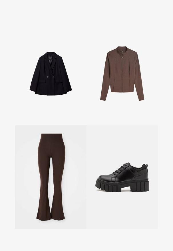 Sort dobbelbrystet blazer lavet af glat stof. Har notched revers, to forlommer og to runde knapper.; Brun langærmet jakke med fuld frontlynlås, standkrave og to frontlommer, lagt fladt på en hvid baggrund.; Brun ærmeløs top med firkantet udskæring, lavet af blød, strækbar stof. Har et tætsiddende design og flade sømme.; Brune flared leggings lavet af blødt, strækbart stof, med en høj talje og en tætsiddende silhuet, der flærer ud ved anklen.; Sorte læder platform sko med en klodset blokhæl, rund tå og traditionelt snøredesign. Har en glat tekstur og minimal detaljering.