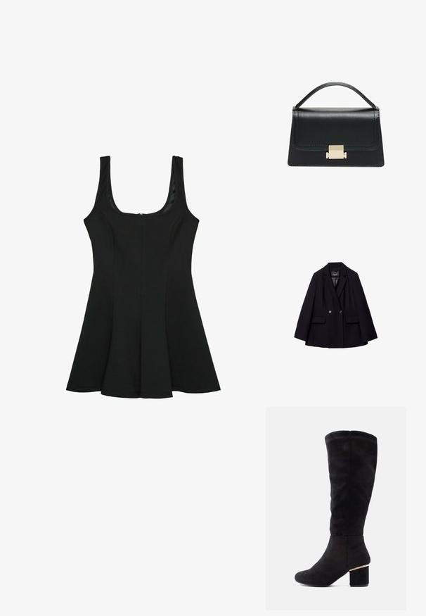 Svart, dubbelknäppt kavaj i slät tyg. Har slagkrage, två framfickor och två runda knappar.; Svart ärmlös klänning med rundad halsringning. Utsvängd A-linjeform, tillverkad av slätt tyg, med en dold dragkedja baktill.; Svart knähög stövel i mjukt mockamaterial, med en kraftig blockklack med en guldaccent. Slät textur, rund tådesign.; Svart läderhandväska med en strukturerad design, handtag upptill och en detalj i guldmetalllås på framsidan. Slät yta, minimal sömnad.