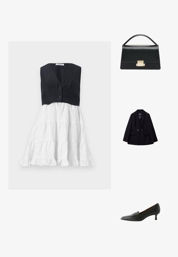 Schwarzer doppelt knopfbarer Blazer aus glattem Stoff. Verfügt über Schößchen mit Einschnitten, zwei vordere Taschen und zwei runde Knöpfe.; sandro ROBE - Freizeitkleid - noir/ecru; Schwarzer Lederschuh mit Absatz, spitz zulaufend und dekorativem Riemen. Er verfügt über einen niedrigen Stilettoabsatz und eine glatte Oberfläche.; Schwarze Lederhandtasche mit strukturiertem Design, oberem Griff und einem goldenen Metallschnappverschluss auf der Vorderseite. Glatte Textur, minimale Nähte.