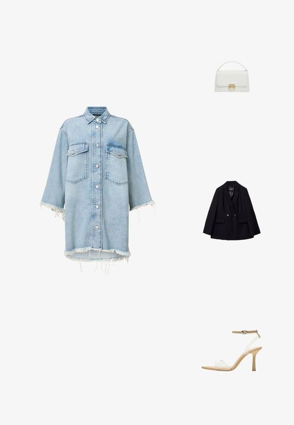 Musta kaksirivinen bleiseri, joka on valmistettu sileästä kankaasta. Ominaisuuksiin kuuluvat lovetut pussit, kaksi etupistettä ja kaksi pyöreää nappia.; Vaaleansininen farkkupaita, jossa on napit edessä, kaksi rintataskua, repaleinen helma ja leveät hihat. Ominaisuuksiin kuuluu klassinen kaulus ja haalistunut pinta.; Kirkas korkokenkä läpinäkyvällä varrella, beigellä pohjalla ja hoikalla nilkkahihnalla. Ominaisuuksiin kuuluu terävä kärki ja ohut korkea korko.; Valkoinen nahkalaukku, jossa on rakenteellinen muotoilu, varustettuna yläkahvalla ja kultasävyisellä soljella. Sileä pinta ja minimaliset yksityiskohdat.