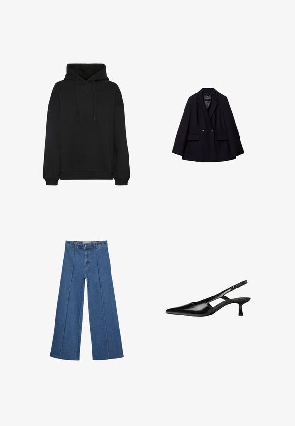 Czarna, podwójnie zapięta marynarka z gładkiego materiału. Ma klapy w kształcie litery "V", dwie przednie kieszenie i dwa okrągłe guziki.; Czarna bluza z kapturem z dużą kieszenią z przodu, z tonalnym haftowanym logo na piersi, sznurkiem do regulacji kaptura oraz ściągaczami przy rękawach i u dołu.; Jeans typu wide-leg w średnim niebieskim kolorze, z wysokim stanem, zapięciem na guziki oraz kontrastowymi szwami pionowymi z przodu.; Czarne lakierowane czółenka na odkrytej pięcie z wąskim noskiem, z wykrojem po bokach i małym kwadratowym obcasem. Gładka faktura z minimalnymi akcentami.