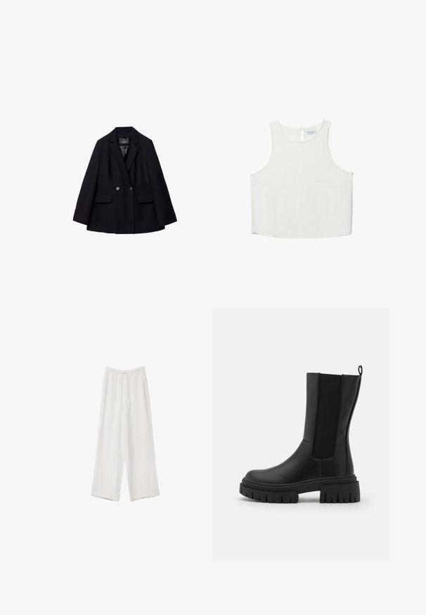 Zwarte dubbel-geknoopte blazer van soepel materiaal. Heeft gekartelde revers, twee voorzakken en twee ronde knopen.; Witte mouwloze top met een ronde halslijn, voorzien van een subtiele textuur, een sleutelgatenrugdetail en een rechte zoom.; Witte wijde broek gemaakt van een lichte stof. Voorzien van een elastische tailleband met een trekkoord en zijzakken. Zachte textuur.; Zwarte enkellaars van leer met een gestructureerd oppervlak, elastische zijpanelen en een dikke, geribbelde zool voor extra grip.
