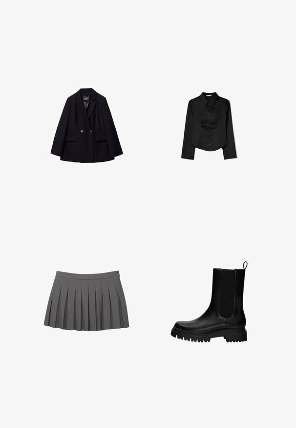 Crni dvostruko kopčani sako napravljen od glatkog materijala. Ima rever s izrezom, dvije prednje džepove i dva okrugla dugmeta.; Crna košulja dugih rukava od glatkog materijala, s izrezom u obliku oštrice, prednjim zatvaranjem na gumbe i skraćenim rubom s bočnim prorezima.; Siva plisirana mini suknja s pojasom na gumbe i malim logom na desnoj strani.; Crne kožne gležnjače s elastičnim bočnim panelima, ručkom na poleđini i debelim, čvrstim potplatom. Glatka tekstura s modernim dizajnom.