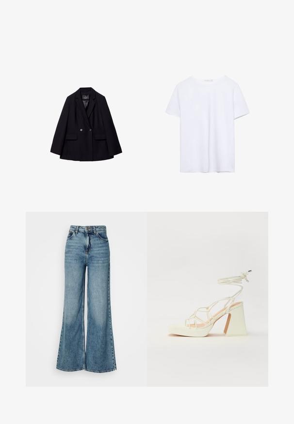 Czarna, podwójnie zapięta marynarka z gładkiego materiału. Ma klapy w kształcie litery "V", dwie przednie kieszenie i dwa okrągłe guziki.; Prosta, biała koszulka z krótkim rękawem i okrągłym dekoltem, z prostym wykończeniem, wyeksponowana na białym tle.; Jeans typu wide-leg w jasnoniebieskim kolorze, z wysokim stanem, z przednimi kieszeniami i zapięciem na guzik, prezentowane na jednolitym białym tle.; Biała sandał na wysokim obcasie z masywnym słupkiem, z paskowym wzorem i wiązaniem przy kostce. Gładka faktura z platformą z przodu dla dodatkowej wysokości.