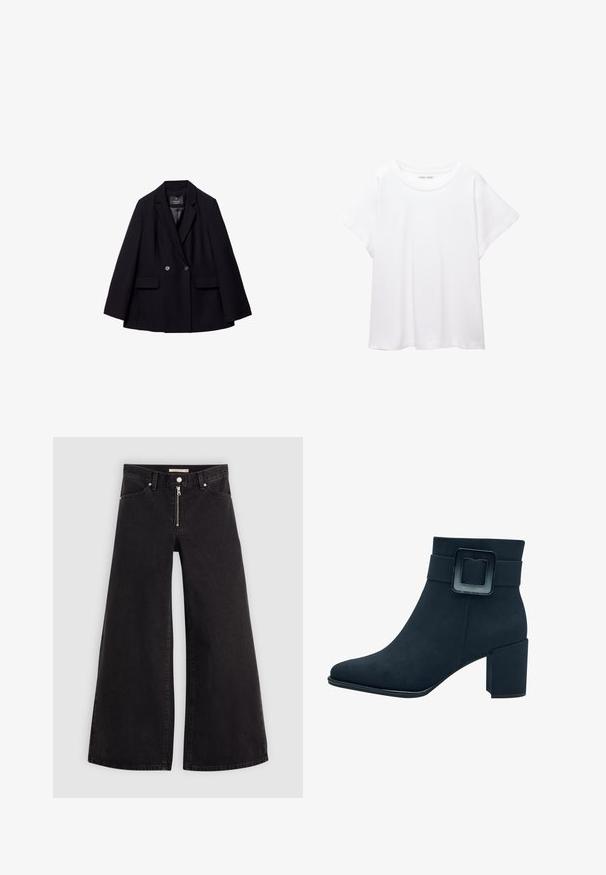 Sort dobbelbrystet blazer lavet af glat stof. Har notched revers, to forlommer og to runde knapper.; Hvid T-shirt lavet af blødt, let stof. Har en rund halsudskæring og korte, brede ærmer med en afslappet pasform. Ingen synlige mønstre.; Vide ben jeans i sort denim med lynlås foran, fem lomme-design og subtile stikninger. Glat tekstur og afslappet stil.; Sort ruskind ankelstøvle med firkantet tå og bred blokhæl. Har en bred rem med en rektangulær spænde detalje.