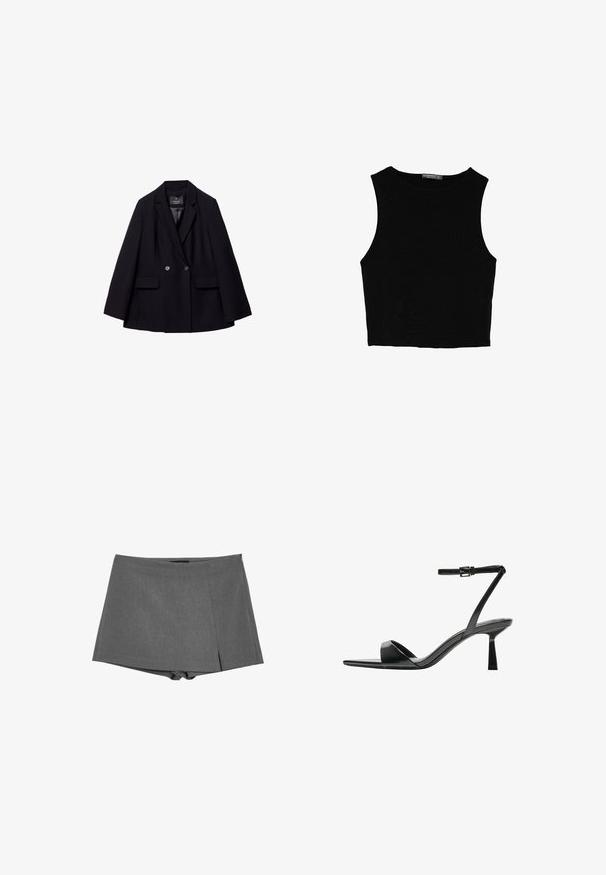 Schwarzer doppelt knopfbarer Blazer aus glattem Stoff. Verfügt über Schößchen mit Einschnitten, zwei vordere Taschen und zwei runde Knöpfe.; Schwarzes ärmelloses Crop-Top aus glattem Stoff, mit rundem Ausschnitt und einem klaren, schlichten Design ohne Muster oder Beschläge.; Graue strukturierte Shorts mit maßgeschneidertem Design, ausgestattet mit einem seitlichen Reißverschluss und einem subtilen Faltenwurf für zusätzliche Details. Hergestellt aus einem glatten Stoff.; Bershka High Heel Sandalette - black