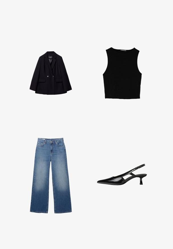 Czarna, podwójnie zapięta marynarka z gładkiego materiału. Ma klapy w kształcie litery "V", dwie przednie kieszenie i dwa okrągłe guziki.; Czarny bezrękawnik crop top z gładkiego materiału, z okrągłym dekoltem i czystym, prostym wzornictwem, bez wzorów czy metalowych elementów.; Szerokie, jasnoniebieskie dżinsy z efektownym przetarciem, pięć kieszeni i zapięcie na guzik w talii. Materiał bawełniany, prosty krój.; Czarne lakierowane czółenka na odkrytej pięcie z wąskim noskiem, z wykrojem po bokach i małym kwadratowym obcasem. Gładka faktura z minimalnymi akcentami.