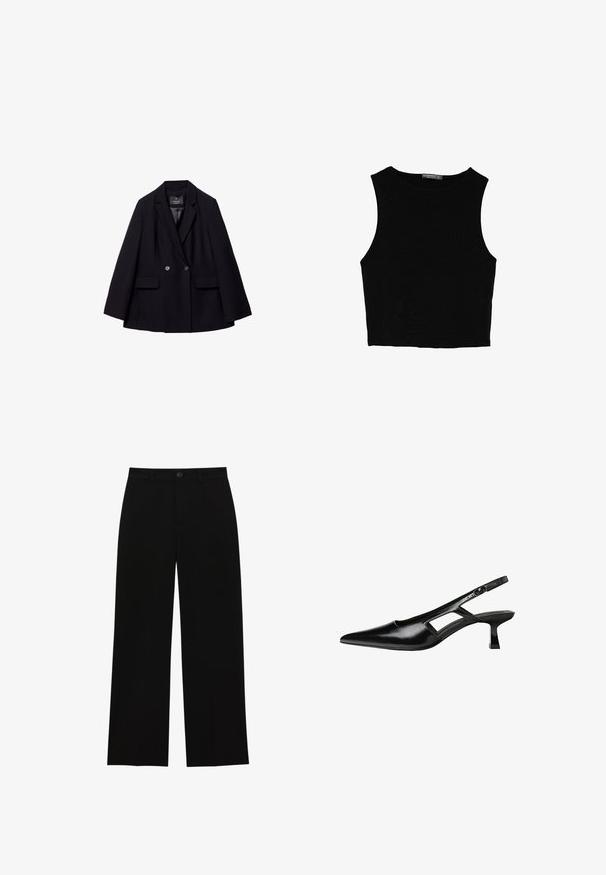 Blazer nero doppiopetto realizzato in tessuto liscio. Presenta rever a punta, due tasche frontali e due bottoni rotondi.; Top corto senza maniche nero realizzato in tessuto liscio, con scollatura rotonda e un design pulito e semplice, privo di pattern o accessori.; Pantaloni neri a vita alta, a gamba larga, realizzati in un tessuto morbido, con davanti piatto, chiusura con bottone e senza tasche visibili.; Tacchi slingback in pelle verniciata nera con punta affusolata, design con tagli laterali e tacco quadrato piccolo. Texture liscia con dettagli minimi.
