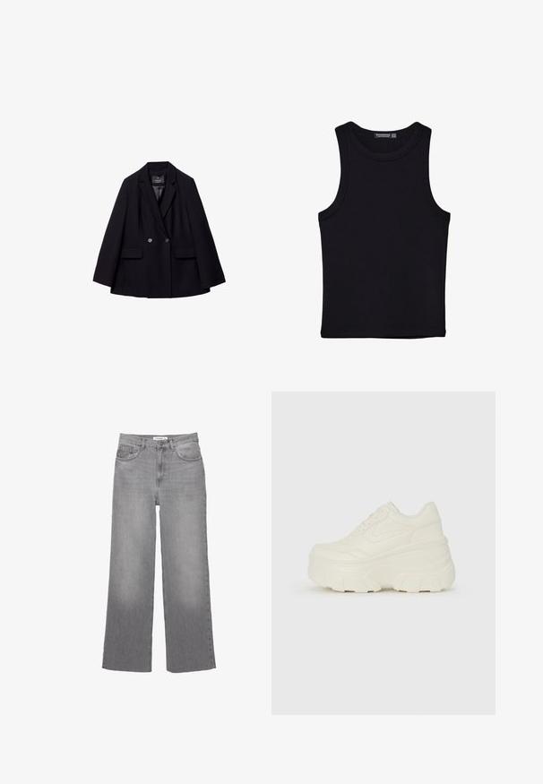 Črn dvoredni suknjič iz gladkega materiala. Ima zarezane reverje, dve sprednji žepni in dva okrogla gumba.; Črna majica brez rokavov iz bombaža, z okroglim izrezom in širokimi odprtinami za roke. Gladka tekstura s šivi na robovih. Klasičen, minimalističen dizajn.; Sive jeanske širokih nogavic z visokim pasom, ki vključujejo pet žepov in surovih robov. Mehka tekstura z izbledelim pranjem za vintage videz.; Bele platformske tene z belim zgornjim delom, ki spominja na usnje, okroglo obliko, oblazinjen ovratnik ter gumo z teksturo na podplatu z izrazitimi profili.