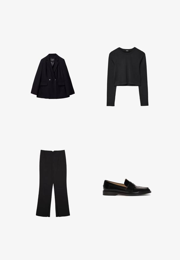 Crni dvostruko kopčani sako napravljen od glatkog materijala. Ima rever s izrezom, dvije prednje džepove i dva okrugla dugmeta.; Crni dugi rukav uski crop top s okruglim izrezom, jednostavnog dizajna i blago zakrivljenim rubom.; Crne hlače ravnog kroja, s prednjim džepovima i bočnim prorezima na rubu. Izrađene od mekog i glatkog materijala. Pogodne za razne prigode.; Crne kožne mokasine s glatkom površinom, zaobljenim vrhom i dekorativnom trakom preko prednje strane. Dizajn s niskom blok petom.